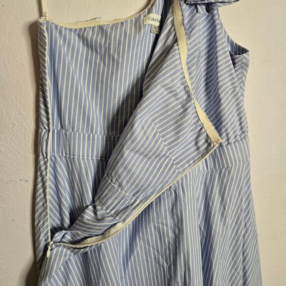 Calvin Klein Preppy Blue White Striped One Shoulder Bow Midi Dress 6 Romantic - Picture 8 of 16